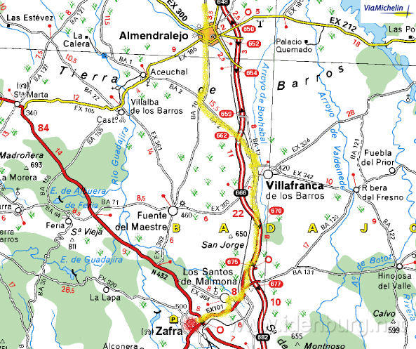 Zondag 13 april 2003
Zafra-Almendralejo-Merida deel 1
75 km. - 400m ^