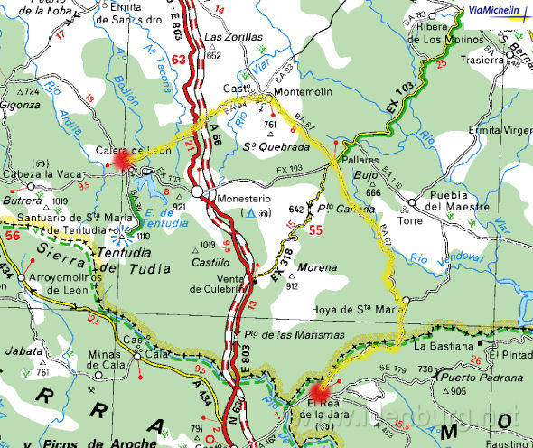 Vrijdag 11 april 2003
El Real de La Jara-Calera de Leon
52 km. - 1250m ^